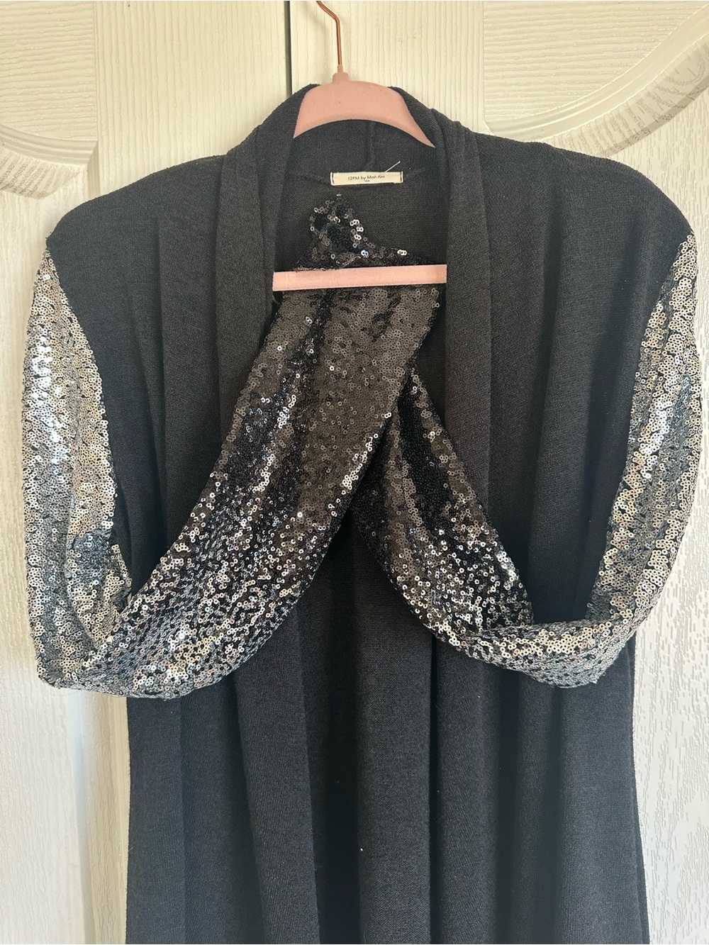 12pm By Mon Ami Ombre Sequin Sleeves USA L Open Front Cardigan USA
